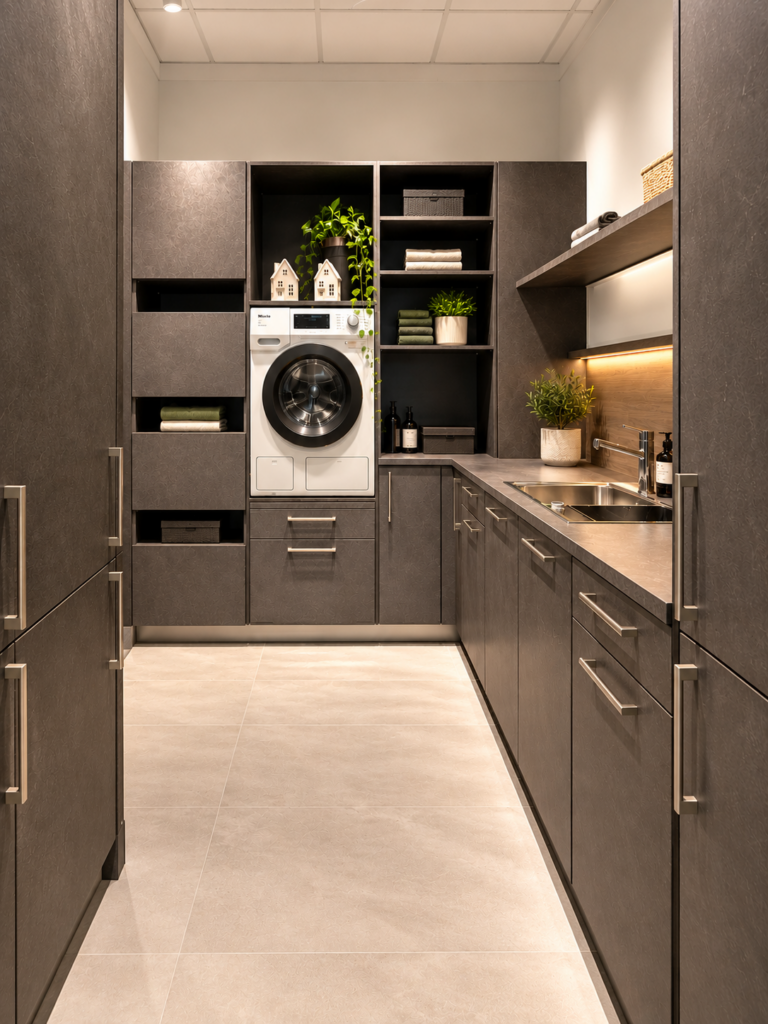 Moderner Hauswirtschaftsraum mit integrierter Miele-Waschmaschine, grauen Schränken, praktischen Regalen und Edelstahlspüle – ausgestellt im Küchencentrum Holtmann in Bückeburg.