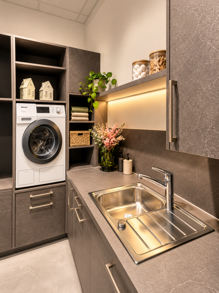 Moderner Hauswirtschaftsraum mit integrierter Miele-Waschmaschine, grauen Schränken, praktischen Regalen und Edelstahlspüle – ausgestellt im Küchencentrum Holtmann in Bückeburg.