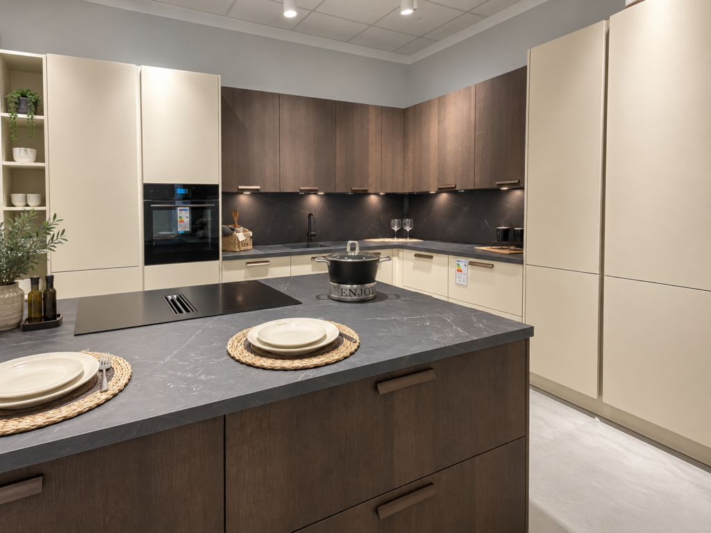Detailansicht einer Pronorm Küche mit dunkler Kücheninsel, Kochfeld mit integriertem Dunstabzug und Fronten in Sahara Beige im Küchencentrum Holtmann in Bückeburg