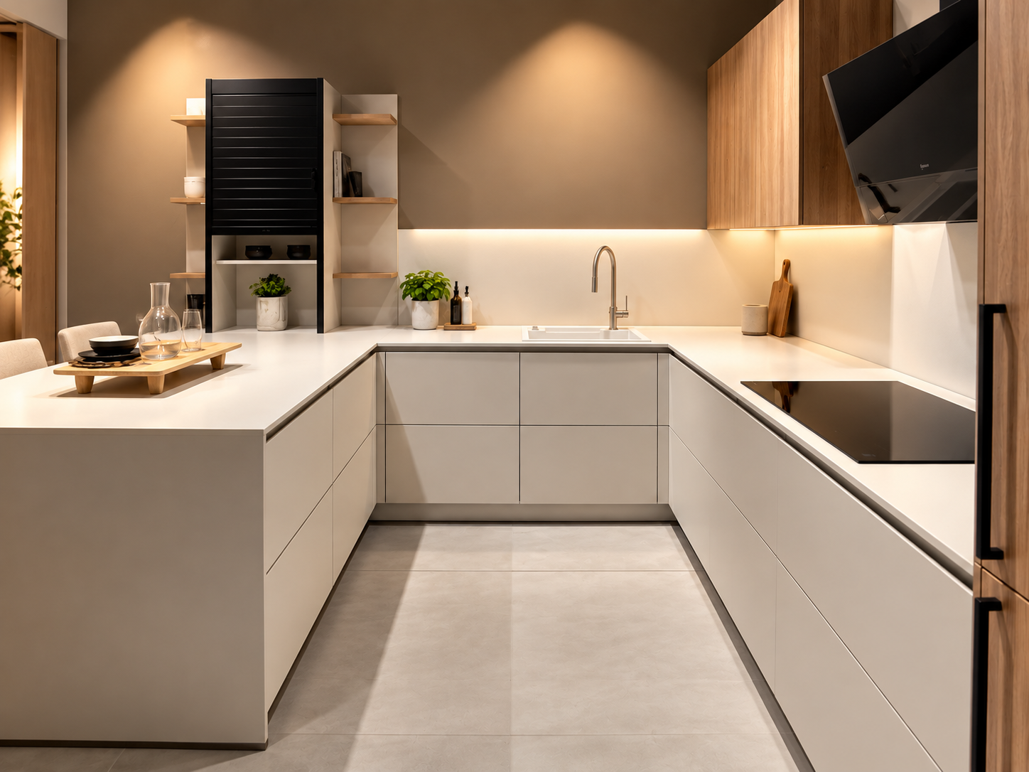 Moderne grifflose U-Küche mit hellen Fronten, Holzoptik, schwarzem Kochfeld und Spüle im Küchencentrum Holtmann
