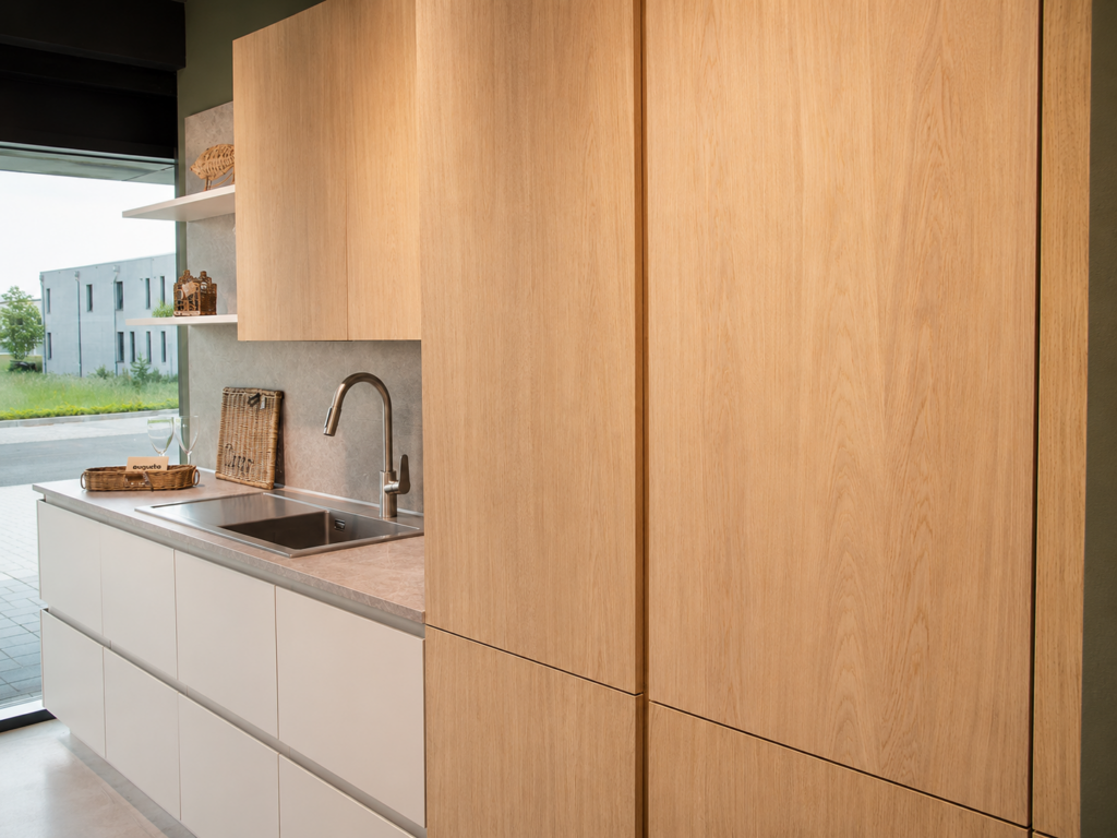 Moderne Musterküche mit hellen Holzfronten und weißer Küchenzeile im Küchencentrum Holtmann in Bückeburg