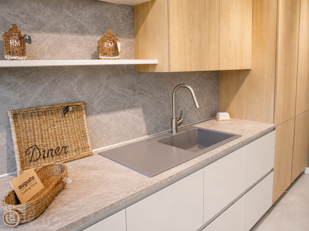 Spülbereich einer modernen Musterküche mit hellen Holzfronten im Küchencentrum Holtmann in Bückeburg
