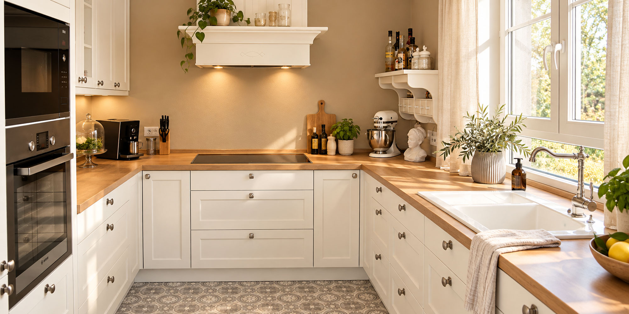 Helle U-Küche im modernen Landhausstil mit weißen Fronten, Holzarbeitsplatte, Einbaugeräten und Spüle am Fenster